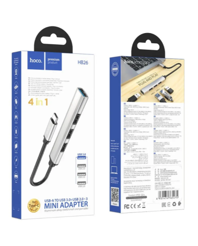 Hub USB-C Hoco HB26 USB3.0+3xUSB2.0 Ασημί 13cm
