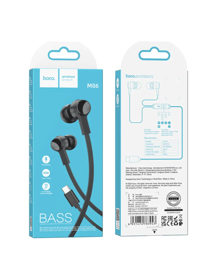 Hands Free Hoco M86 Oceanic Universal Earphones Deep Bass Stereo Συμβατά με Όλες τις Συσκευές USB-C Μαύρο 1.2m
