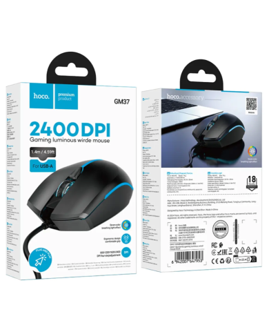 Ενσύρματο Ποντίκι Gaming Hoco GM37 Wonderful με 4 Πλήκτρα, Φωτισμό, 2400 DPI Μαύρο
