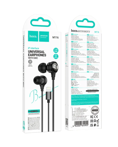 Hands Free Hoco M116 Benevolent με Μικρόφωνο, Βύσμα Lightning Μαύρα 1.2m