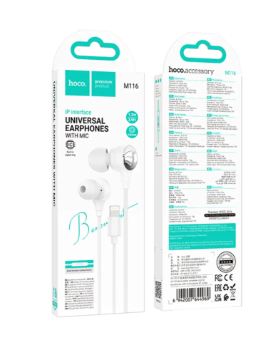 Hands Free Hoco M116 Benevolent με Μικρόφωνο, Βύσμα Lightning Λευκά 1.2m
