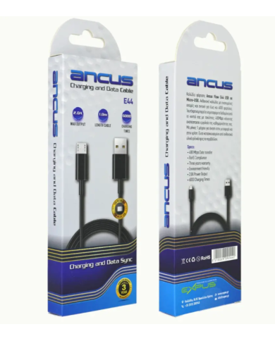 Καλώδιο Σύνδεσης και Φόρτισης Ancus Flow E44 USB σε Micro-USB 2.0A 480Mbps Data Transfer Μαύρο 1m
