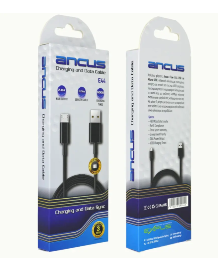 Καλώδιο Σύνδεσης και Φόρτισης Ancus Flow E44 USB σε Micro-USB 2.0A 480Mbps Data Transfer Μαύρο 1m