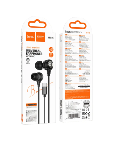 Hands Free Hoco M116 Benevolent Stereo USB-C με Μικρόφωνο 1.2m Μαύρα Συμβατά με Όλες τις USB-C Συσκευές