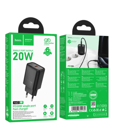 Φορτιστής Ταξιδίου Hoco N60 Gentle GaN με 1 Εξόδο Φόρτισης USB-C PD20W 5V 3.0A Μαύρος
