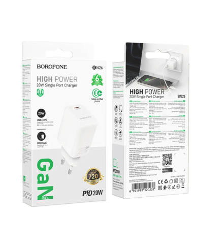 Φορτιστής Ταξιδίου Borofone BN26 Fuente GaN USB-C PD20W Mini Size Λευκός