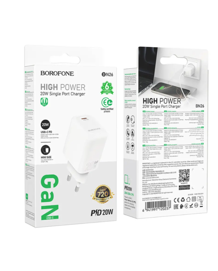 Φορτιστής Ταξιδίου Borofone BN26 Fuente GaN USB-C PD20W Mini Size Λευκός