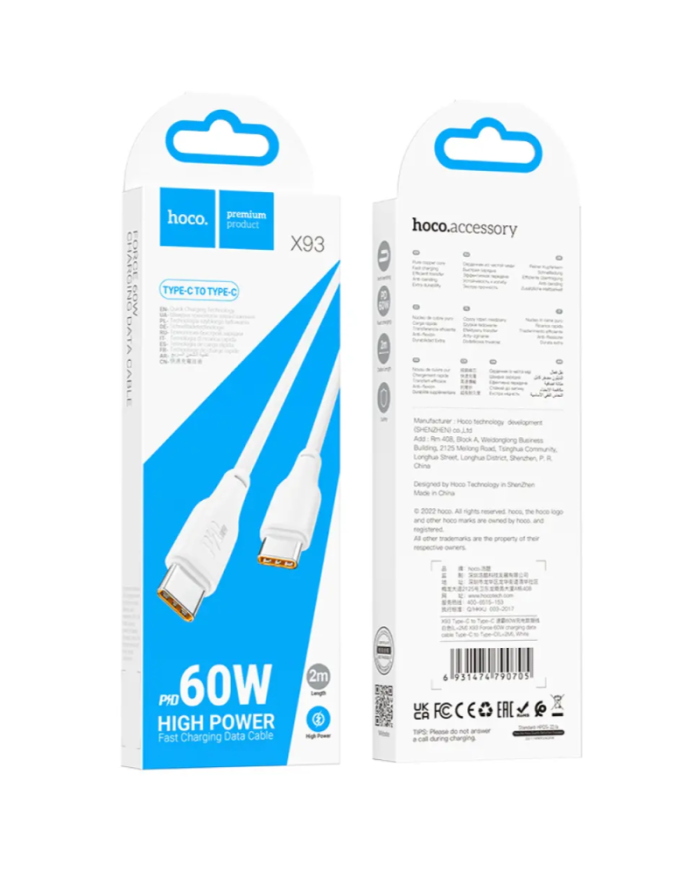 Καλώδιο σύνδεσης Hoco X93 Force USB-C σε USB-C PD60W 3A για Γρήγορη Φόρτιση Λευκο 2m