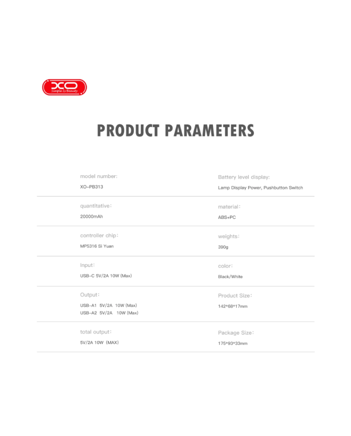 XO PB313 Powerbank 20000mAh Μαύρο