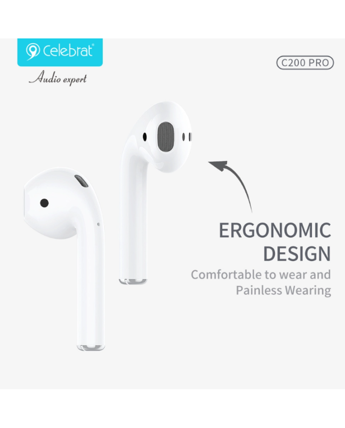 CELEBRAT earphones με θήκη φόρτισης C200 Pro, True Wireless, 13mm, 30/300mAh, λευκά