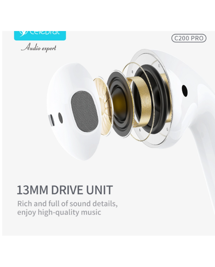 CELEBRAT earphones με θήκη φόρτισης C200 Pro, True Wireless, 13mm, 30/300mAh, λευκά