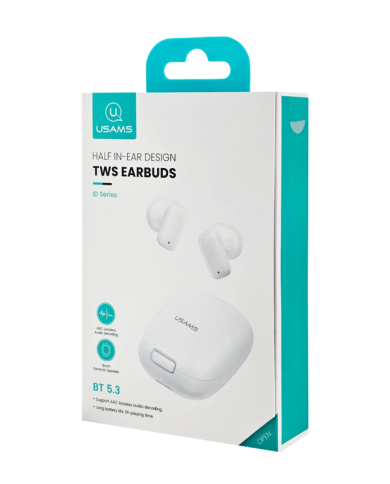 USAMS earphones με θήκη φόρτισης ID25, TWS, Φ13mm, 30/230mAh, λευκά