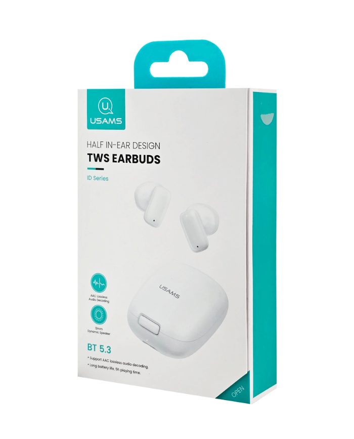 USAMS earphones με θήκη φόρτισης ID25, TWS, Φ13mm, 30/230mAh, λευκά