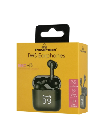 POWERTECH earphones με θήκη φόρτισης PT-1227, TWS, ENC, 30/480mAh, μαύρα