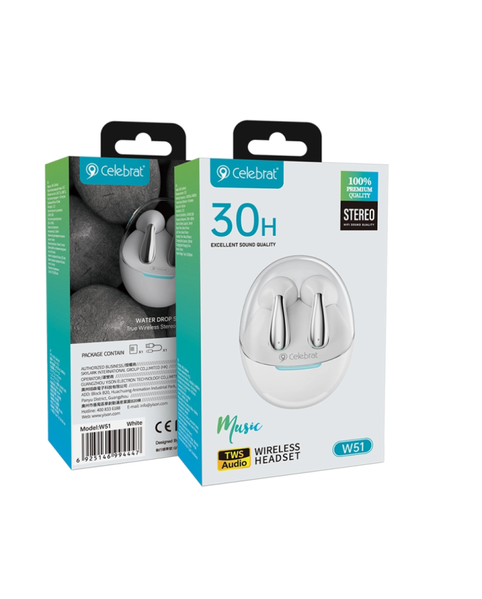 CELEBRAT earphones με θήκη φόρτισης W51, True Wireless, Φ13mm, λευκά