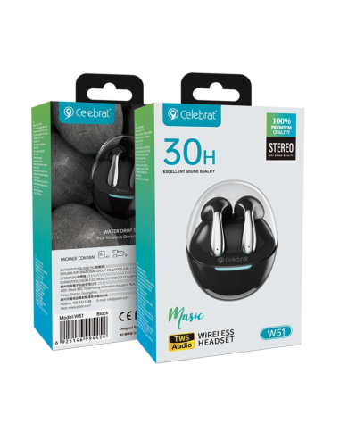 CELEBRAT earphones με θήκη φόρτισης W51, True Wireless, Φ13mm, μαύρα
