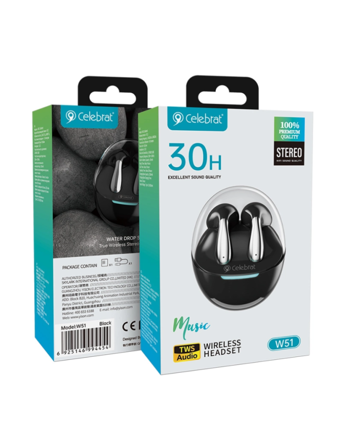 CELEBRAT earphones με θήκη φόρτισης W51, True Wireless, Φ13mm, μαύρα