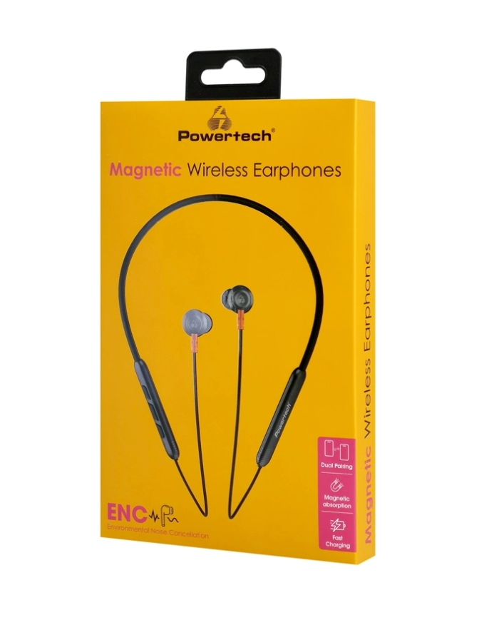 POWERTECH earphones PT-1228 με μαγνήτη, Bluetooth ENC 10mm 180mAh, μαύρα