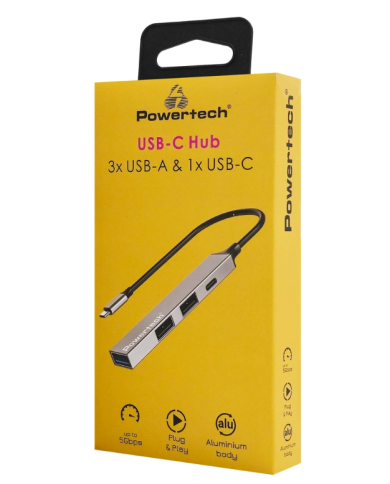 POWERTECH USB hub PT-1412, 4x θυρών, USB 3.2, 5Gbps, USB-C σύνδεση, γκρι