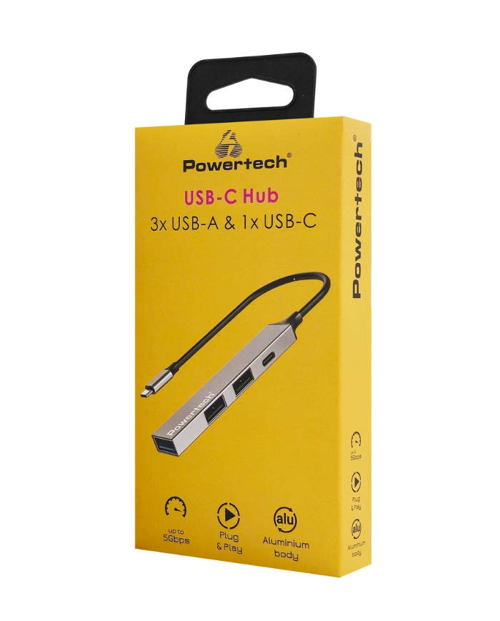 POWERTECH USB hub PT-1412, 4x θυρών, USB 3.2, 5Gbps, USB-C σύνδεση, γκρι