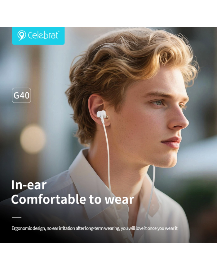 CELEBRAT earphones με μικρόφωνο G40, USB-C σύνδεση, 10mm, 1.2m, λευκά