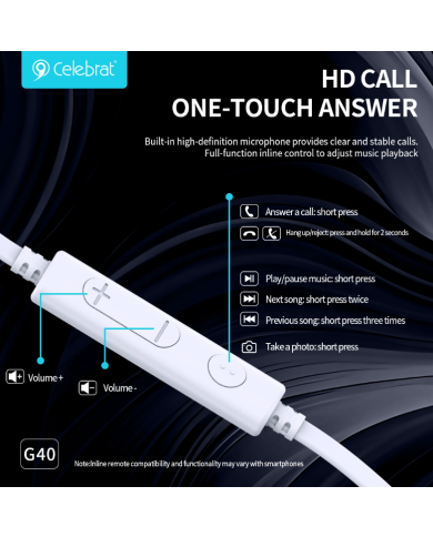 CELEBRAT earphones με μικρόφωνο G40, USB-C σύνδεση, 10mm, 1.2m, λευκά