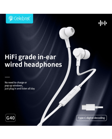 CELEBRAT earphones με μικρόφωνο G40, USB-C σύνδεση, 10mm, 1.2m, λευκά