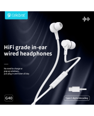 CELEBRAT earphones με μικρόφωνο G40, USB-C σύνδεση, 10mm, 1.2m, λευκά