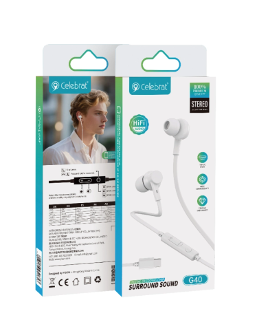 CELEBRAT earphones με μικρόφωνο G40, USB-C σύνδεση, 10mm, 1.2m, λευκά