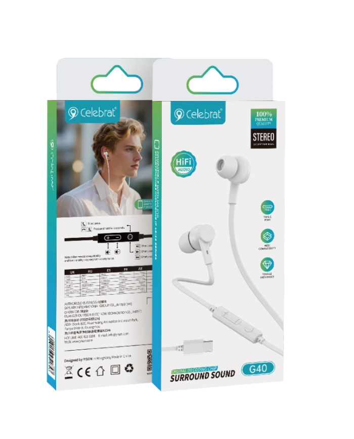 CELEBRAT earphones με μικρόφωνο G40, USB-C σύνδεση, 10mm, 1.2m, λευκά