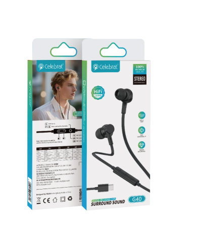 CELEBRAT earphones με μικρόφωνο G40, USB-C σύνδεση, 10mm, 1.2m, μαύρα