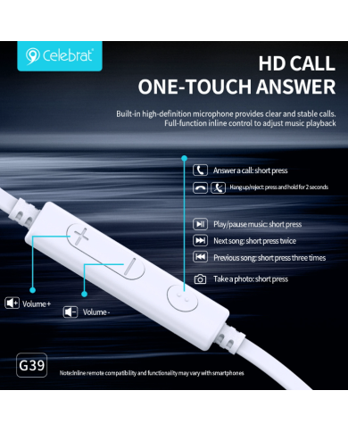 CELEBRAT earphones με μικρόφωνο G39, USB-C σύνδεση, 14mm, 1.2m, λευκά