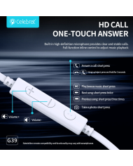 CELEBRAT earphones με μικρόφωνο G39, USB-C σύνδεση, 14mm, 1.2m, λευκά