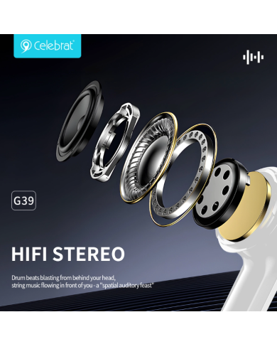 CELEBRAT earphones με μικρόφωνο G39, USB-C σύνδεση, 14mm, 1.2m, λευκά