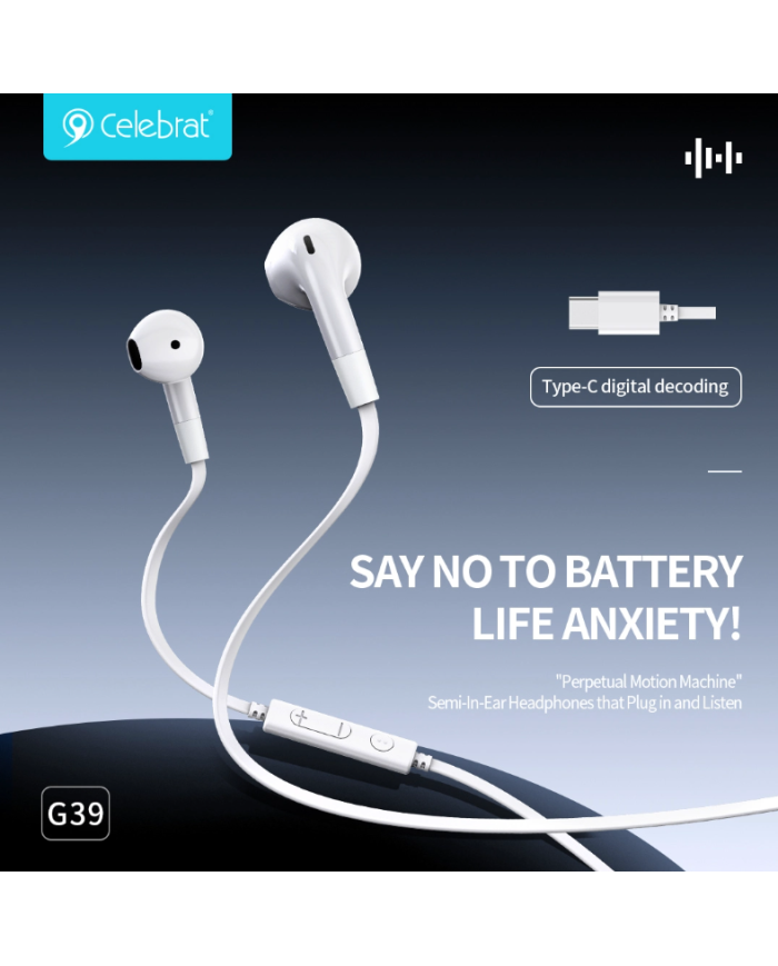 CELEBRAT earphones με μικρόφωνο G39, USB-C σύνδεση, 14mm, 1.2m, λευκά