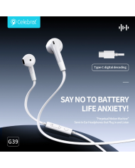 CELEBRAT earphones με μικρόφωνο G39, USB-C σύνδεση, 14mm, 1.2m, λευκά