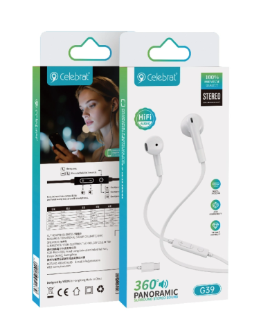 CELEBRAT earphones με μικρόφωνο G39, USB-C σύνδεση, 14mm, 1.2m, λευκά