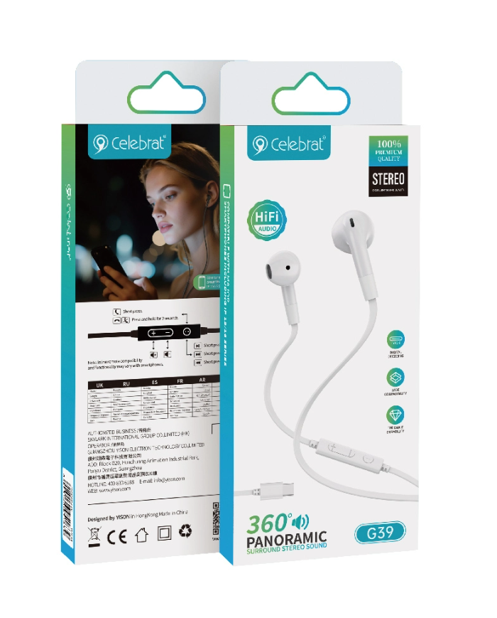 CELEBRAT earphones με μικρόφωνο G39, USB-C σύνδεση, 14mm, 1.2m, λευκά