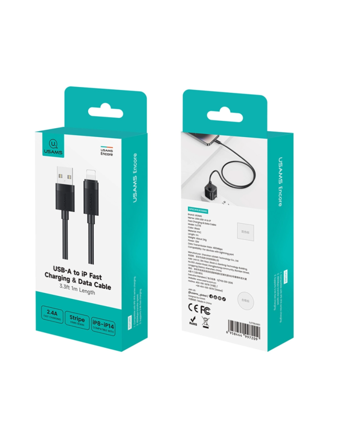 USAMS καλώδιο Lightning σε USB SJ778, 2.4A, 480Mbps, 1m, μαύρο