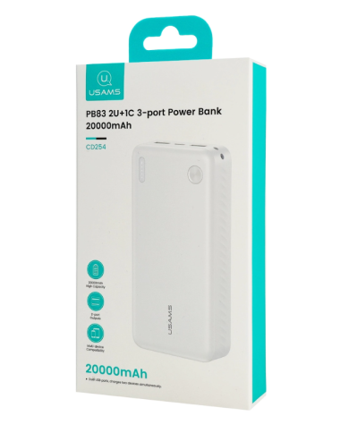 USAMS power bank CD254, 2x θύρες εξόδου, 20000mAh, 10W, λευκό