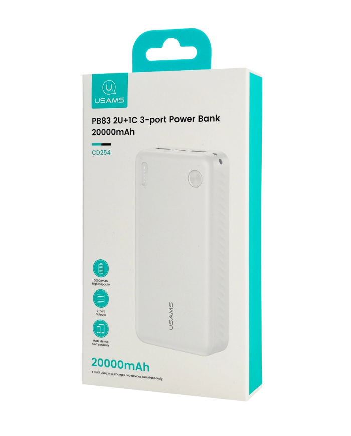 USAMS power bank CD254, 2x θύρες εξόδου, 20000mAh, 10W, λευκό