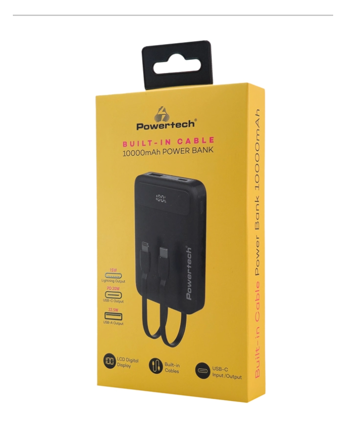 POWERTECH power bank με καλώδια και οθόνη PT-1417 10000mAh, 22.5W, μαύρο