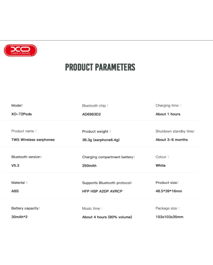 XO T2 Pods Bluetooth Ακουστικά 2ης Γενιάς