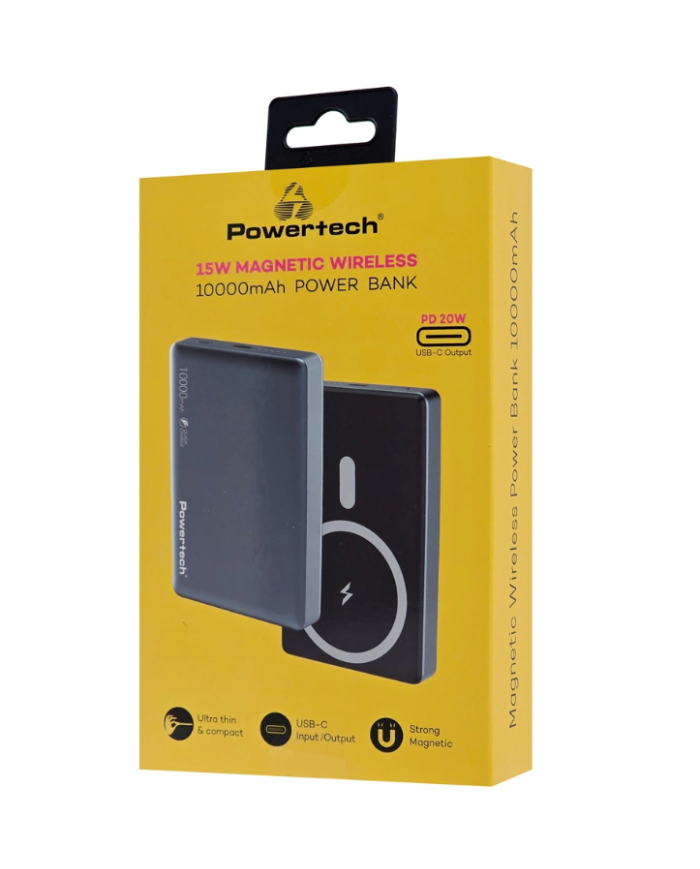 POWERTECH power bank PT-1377, 10000mah, magnetic wireless, 20W, γκρι