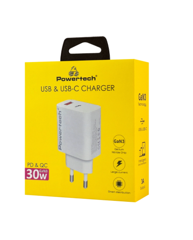 POWERTECH φορτιστής τοίχου PT-1433, USB/USB-C, 30W, GaN, λευκός
