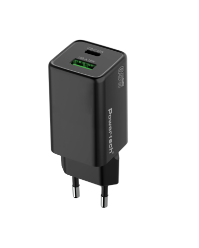 POWERTECH φορτιστής τοίχου PT-1501, USB/USB-C, 65W, GaN, μαύρος