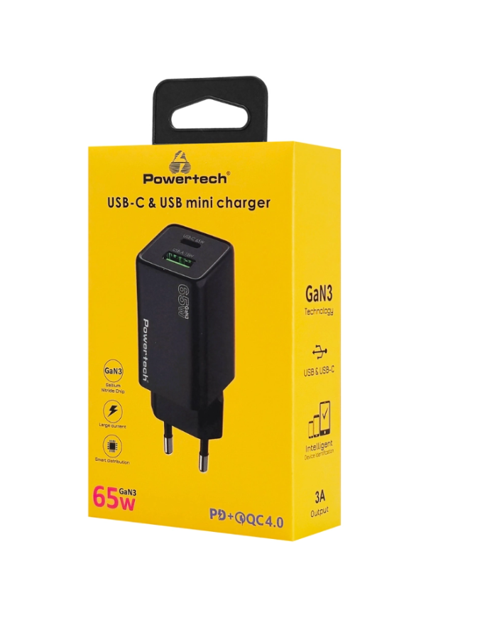 POWERTECH φορτιστής τοίχου PT-1501, USB/USB-C, 65W, GaN, μαύρος