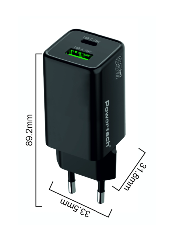 POWERTECH φορτιστής τοίχου PT-1501, USB/USB-C, 65W, GaN, μαύρος