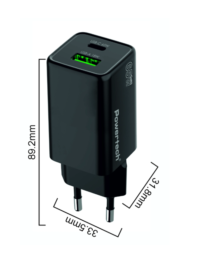 POWERTECH φορτιστής τοίχου PT-1501, USB/USB-C, 65W, GaN, μαύρος