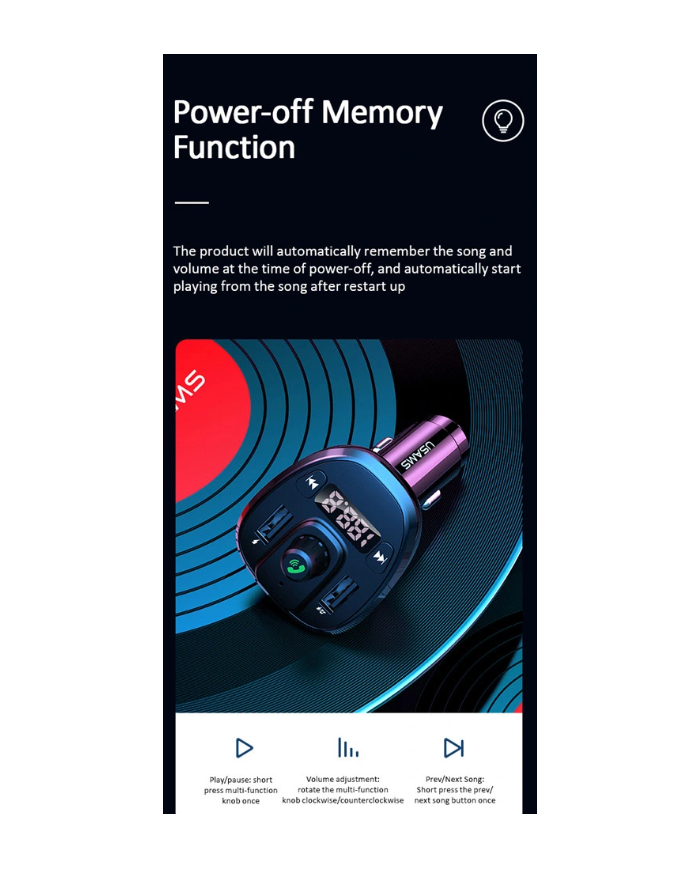 USAMS FM transmitter με οθόνη US-CC115, 2x USB, SD card, 3.4A, μαύρο